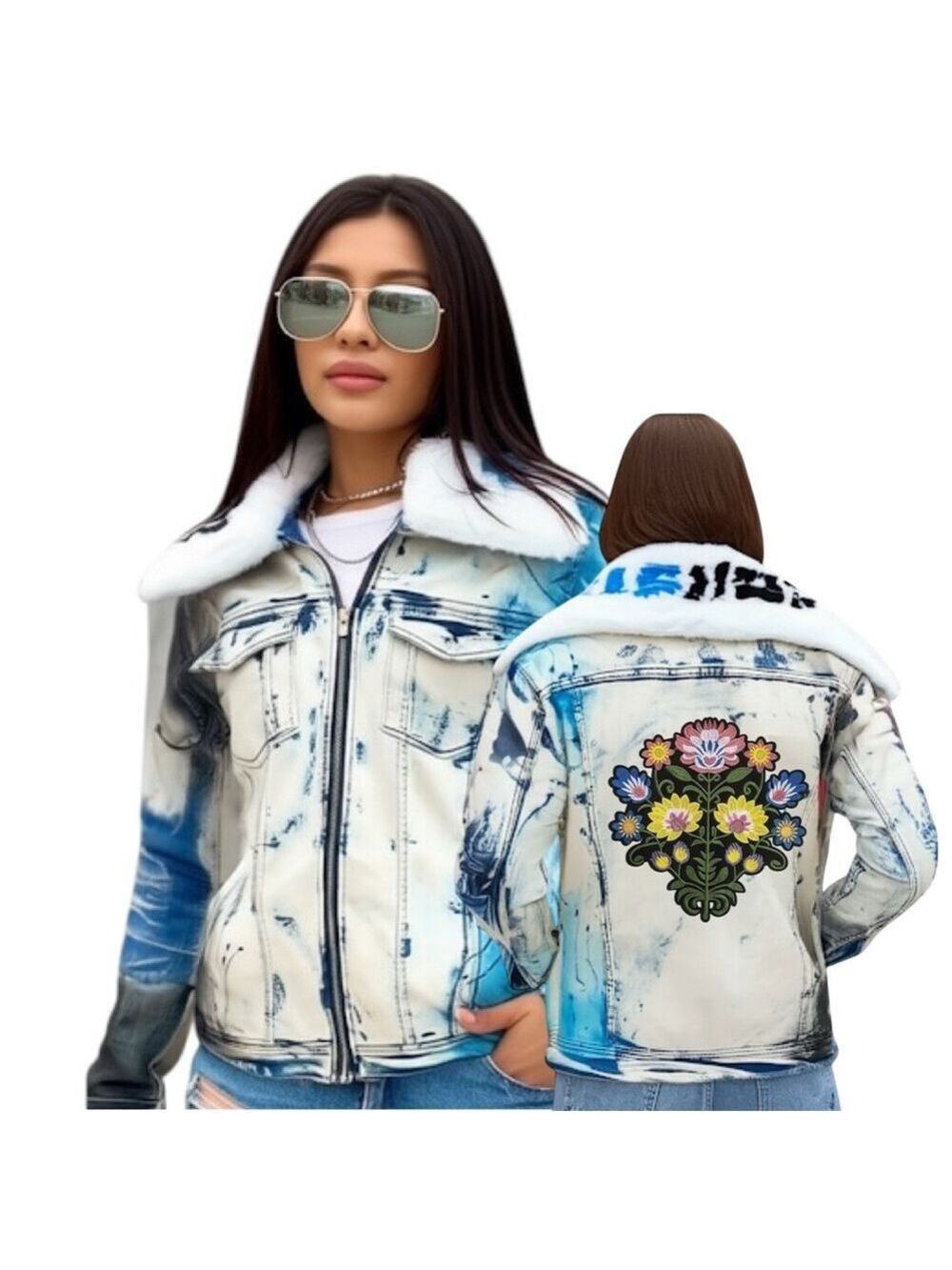 Your Adventure Jacket Oversized Acid Wash Floral Denim with Faux Fur Customize!